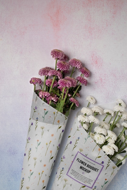 PSD chrysanthemum bouquet with wrapping paper mock-up