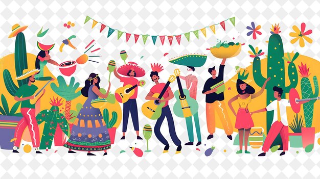 PSD cinco de mayo celebration with people enjoying mexican food png festival 2d flat art illustrations