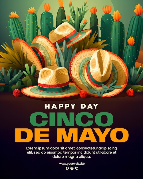 Cinco de mayo poster template design with cactus and mexican hat background