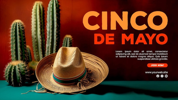 Cinco de mayo poster template design with cactus and mexican hat background