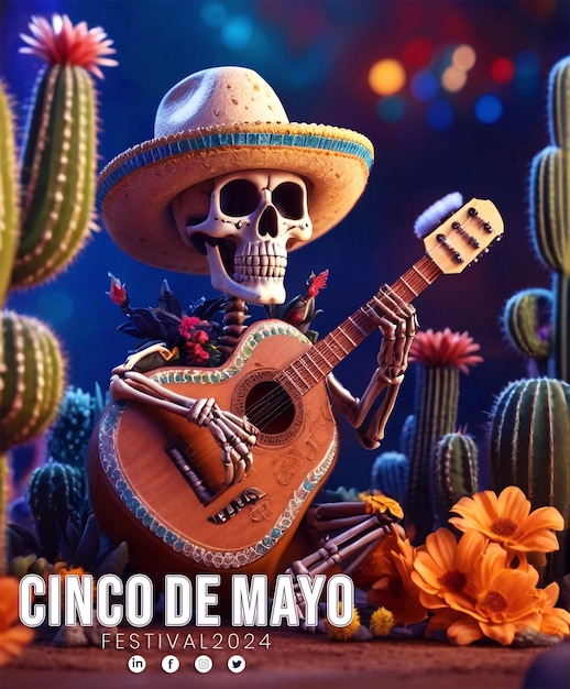 Cinco de Mayo Poster with a beautiful skull wearing a straw hat Template