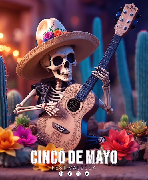 Cinco de Mayo Poster with a beautiful skull wearing a straw hat Template