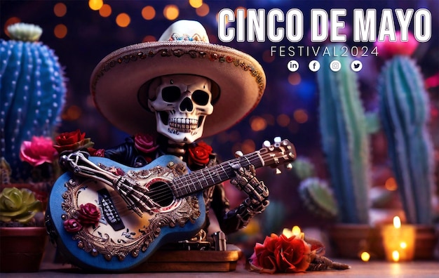 Cinco de Mayo Poster with a beautiful skull wearing a straw hat Template