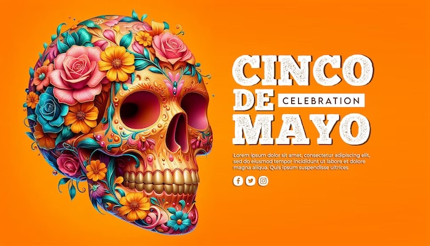 Cinco de Mayo PSD poster with Mexican skull with orange background