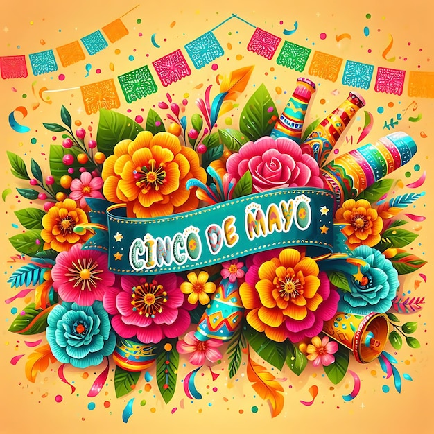 PSD cinco de mayoo mexican holiday lettering with colorful flowers