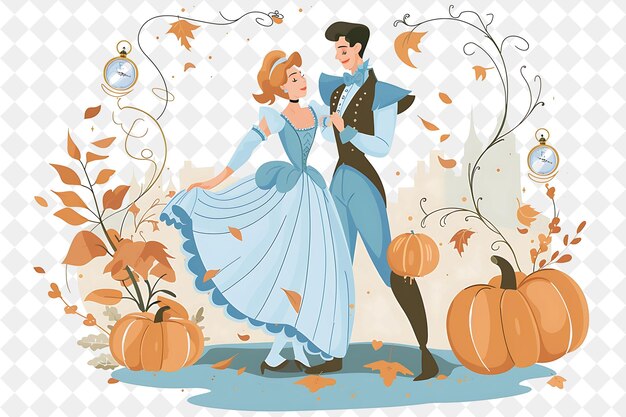 PSD cinderellas ball with cinderella and prince charming dancing people life style flat illustration