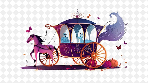 PSD cinderellas carriage with cinderella and prince charming rid people life style flat illustration