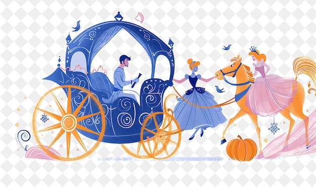 PSD cinderellas carriage with cinderella and prince charming rid people life style flat illustration