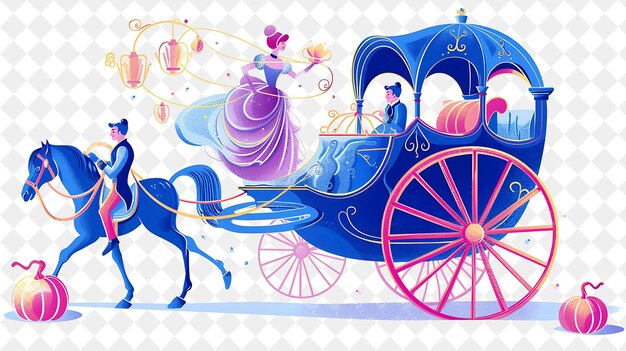 PSD cinderellas carriage with cinderella and prince charming rid people life style flat illustration