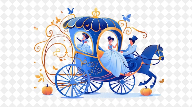 PSD cinderellas carriage with cinderella and prince charming rid people life style flat illustration