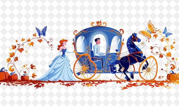 PSD cinderellas carriage with cinderella and prince charming rid people life style flat illustration