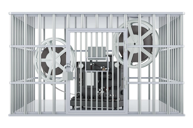 PSD cinema projector inside cage prison cell freedom of information prohibition concept 3d rendering isolated on transparent background