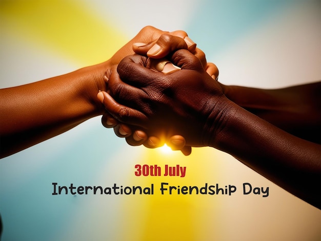 cinematic photo of international friendship day concept happy diference multiethnic handshake