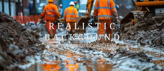 PSD cinematic photo of three workers in yellow suits walking through mud and water at an industrial site back view dirt on the ground muddy terrain mud present in the style of anthropic