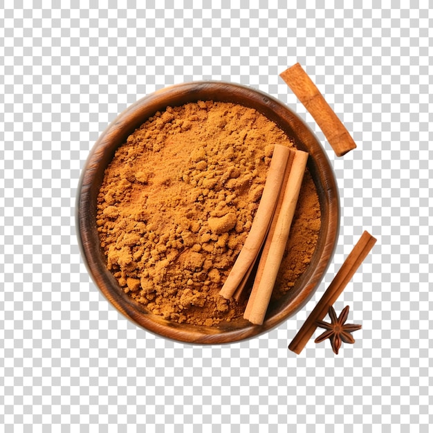 PSD cinnamon powder in a wooden bowl and stick on a transparent background