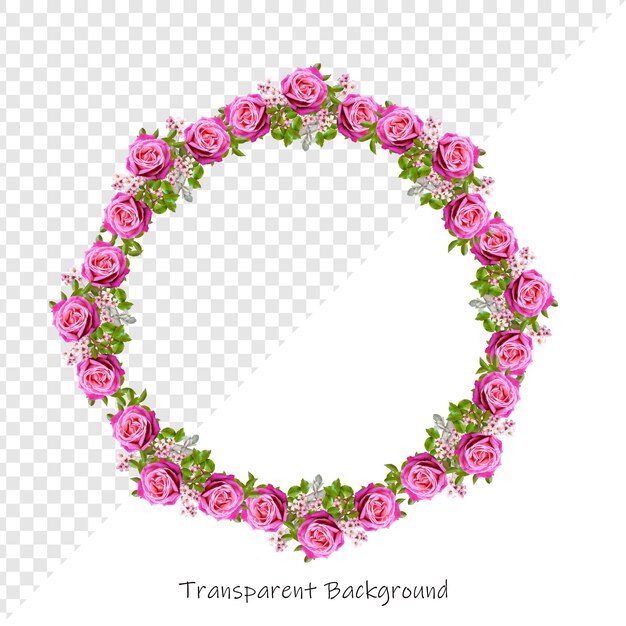 PSD a circle of pink roses with green leaves on a white background