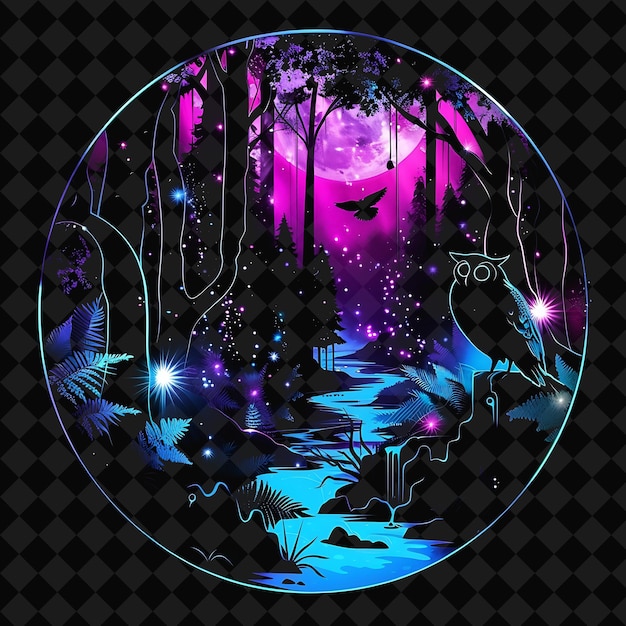 PSD a circle of trees and a purple moon with a bird flying in the middle