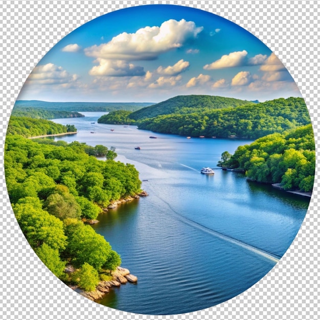 a circle of trees and a river with a blue sky and clouds