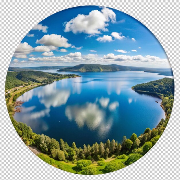 PSD a circle with a picture of a lake and mountains in the background