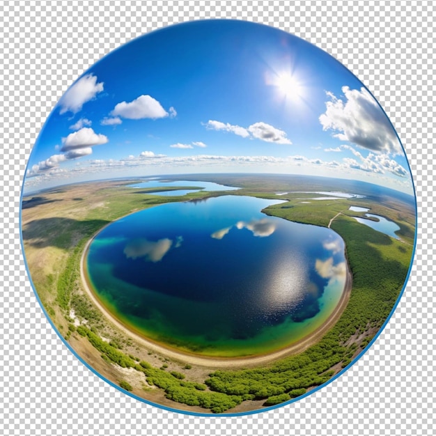 a circle with a picture of a lake and the sky with clouds