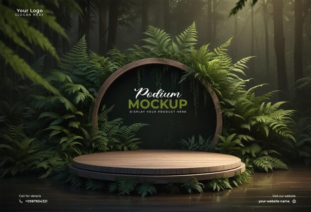 PSD circular podium with a blurred or bokeh background of a lush green forest