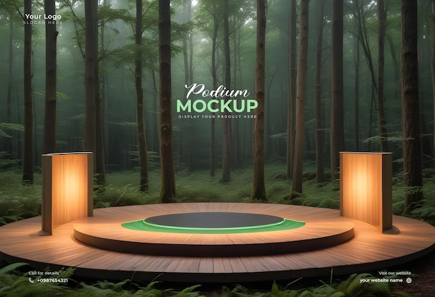 Circular Podium with a blurred or bokeh background of a Lush Green Forest