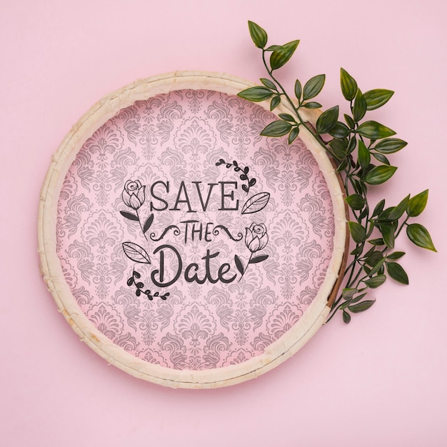 Circular wooden frame save the date mock-up