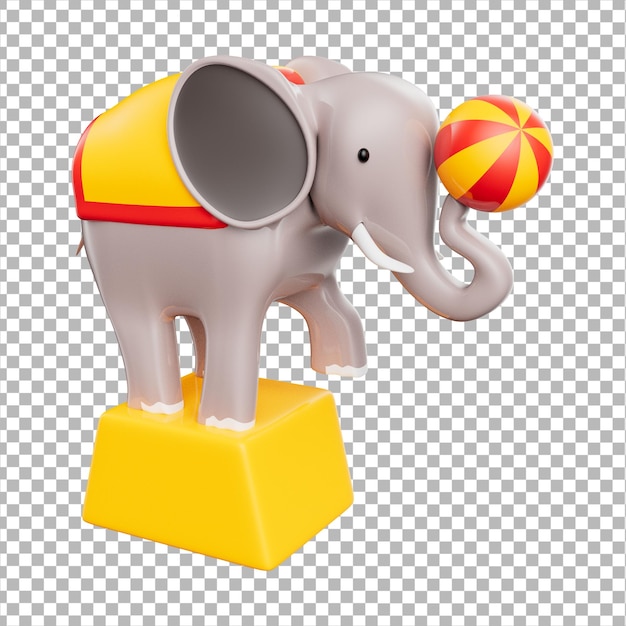 A circus elephant is standing on a yellow block with a red stripe on the front.