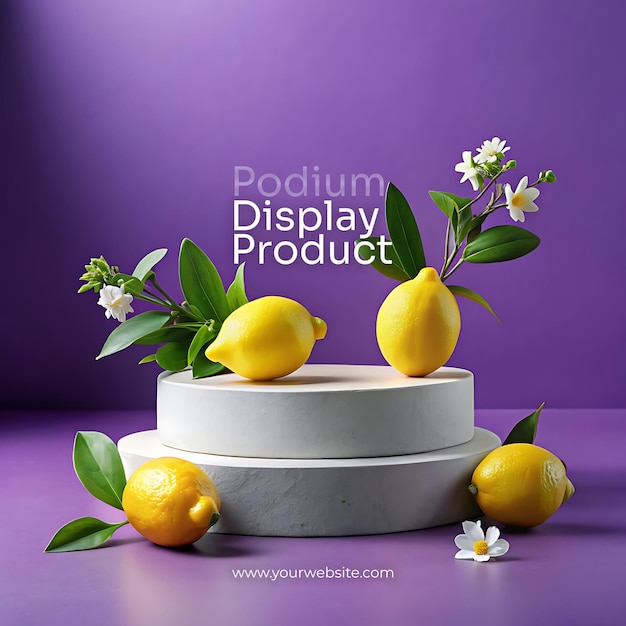 Citrus and Blooms Lemons and Flowers Adorn an Empty Stone Podium on a Purple Background