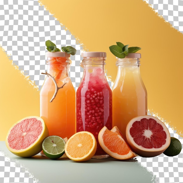 PSD citrus fruits and juice in bottle transparent background