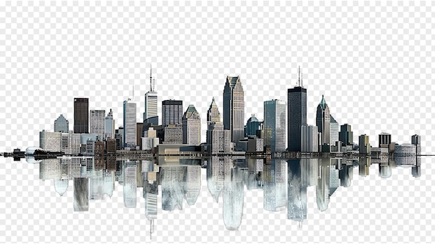 a city skyline with the reflection of the city in the water