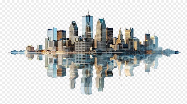 a city skyline with a reflection in the water