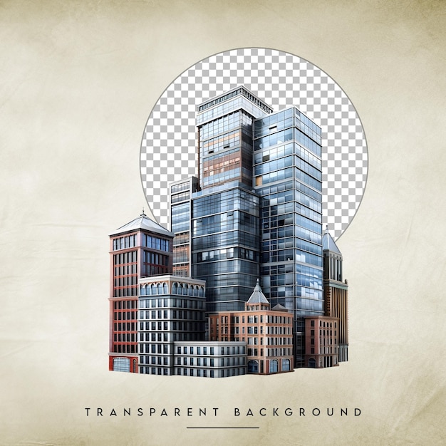 PSD cityscape with tall modern building isolated on transparent background