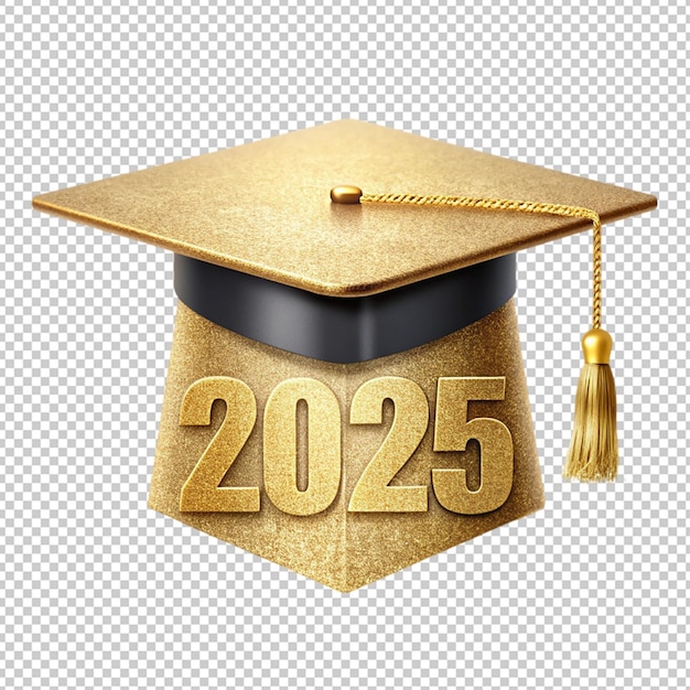 PSD class of 2025 graduation cap with golden effect on transparent background