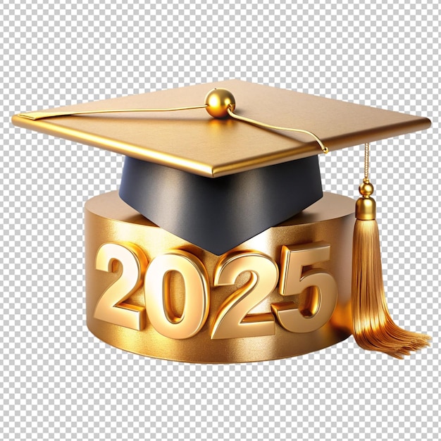 PSD class of 2025 graduation cap with golden effect on transparent background