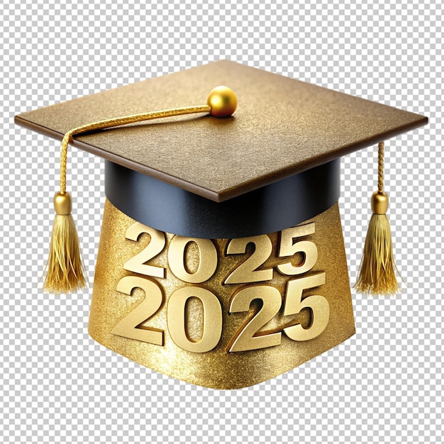 PSD class of 2025 graduation cap with golden effect on transparent background