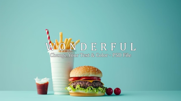 PSD classic american fast food burger fries and milkshake