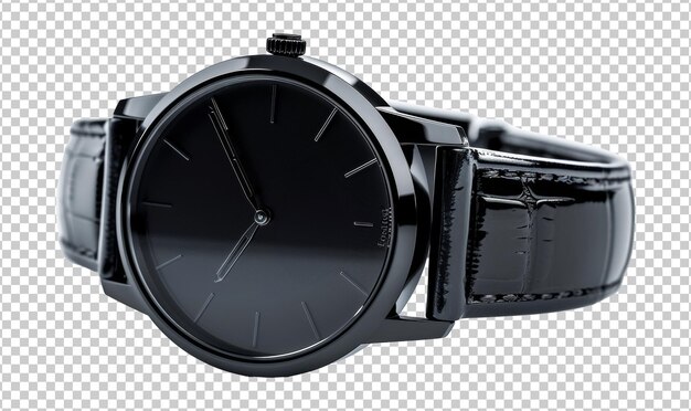 Classic black wristwatch with glossy leather strap isolated on transparent background