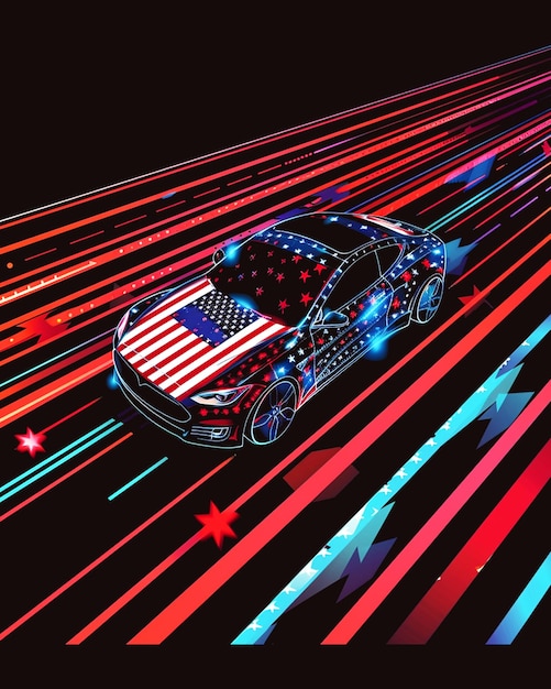 classic car illustration with American flag poster design template