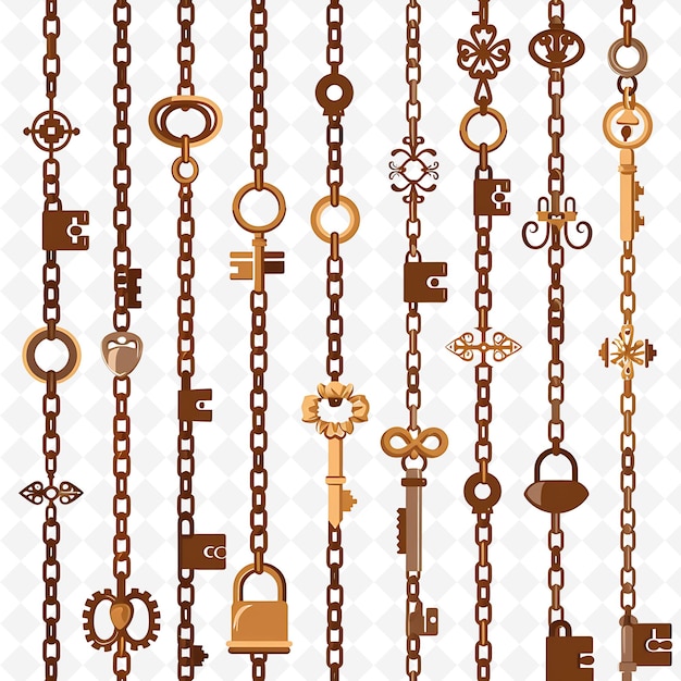 Classic Chain Decorated With Antique Locks and Keys in Rusti PNG Natural Inspired Flat Borderline