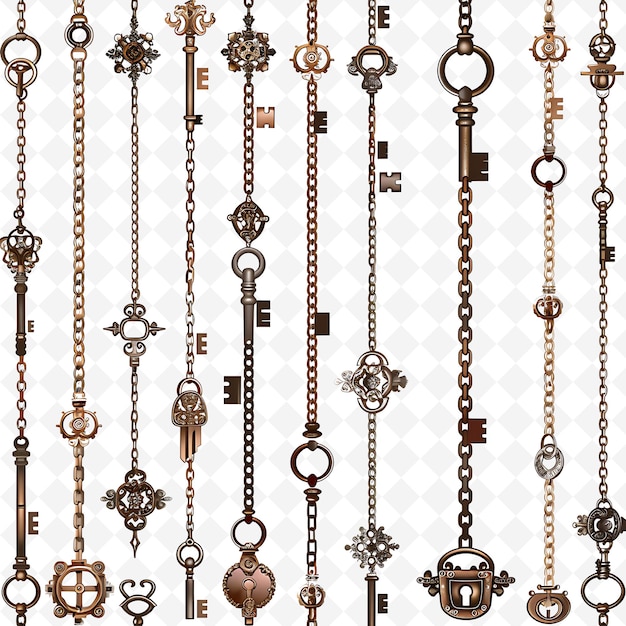 Classic Chain Decorated With Antique Locks and Keys in Rusti PNG Natural Inspired Flat Borderline