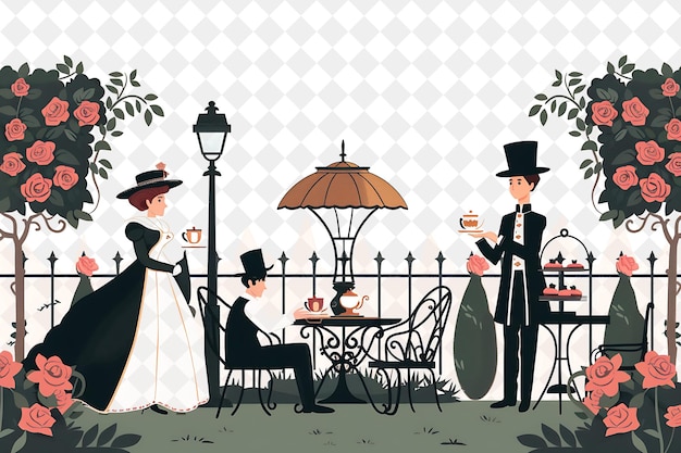 PSD classic garden with victorian characters having a tea party people life style flat illustration