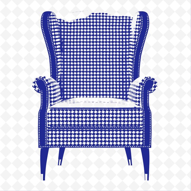 Classic Wingback Chair With a Black and White Houndstooth Pa PNG Outline Flat Illustration Designs