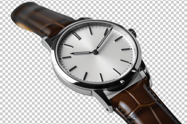 Classic wristwatch with brown leather band and silver case isolated on transparent background