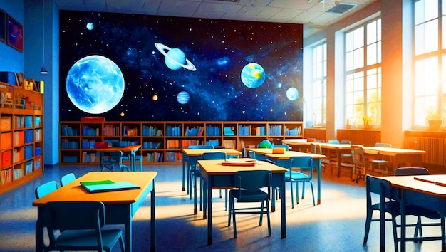 PSD a classroom with colorful 3d solar system on the wall there are tables with books on them and chair