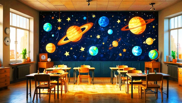 A classroom with colorful 3D solar system on the wall there are tables with books on them and chair