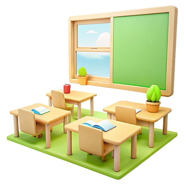 a classroom with a green board and a window with a green board on the bottom