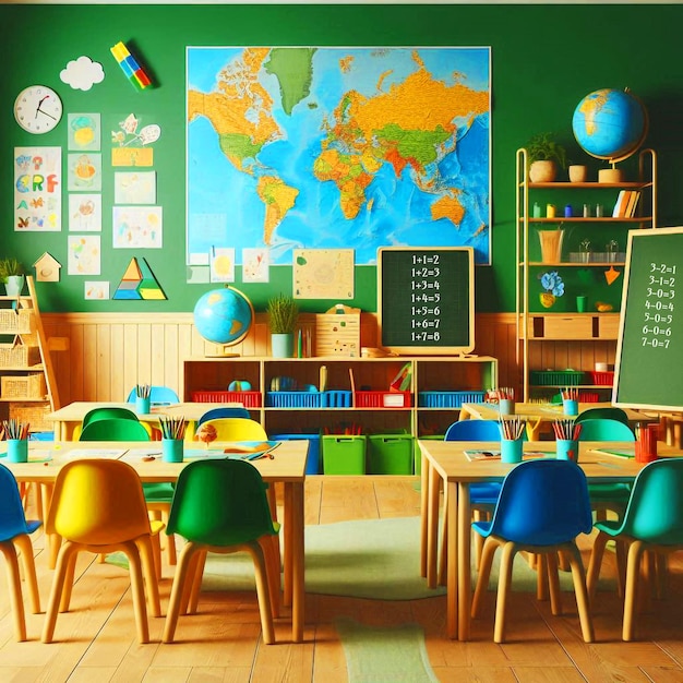 PSD a classroom with a map of the world on the wall