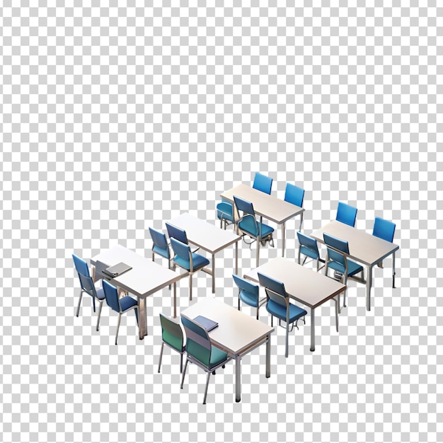 A classroom with wooden desks and chairs on transparent background