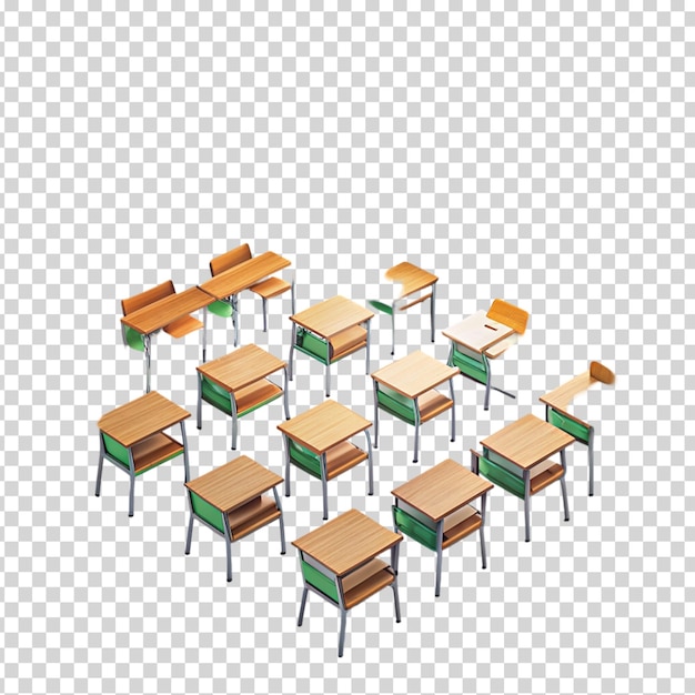 A classroom with wooden desks and chairs on transparent background